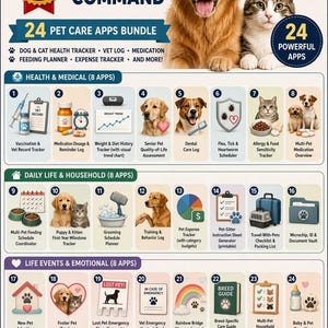 Puede incluir: Un paquete digital titulado PAW COMMAND con 24 aplicaciones para el cuidado de mascotas. El gráfico muestra un golden retriever y un gato atigrado, con iconos de salud, vida diaria y eventos. El texto incluye PLR MRR Resell Rights, 24 Powerful Apps y funciones como rastreadores de vacunación, planificadores de alimentación y tarjetas de emergencia.