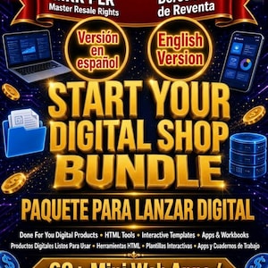 May include: A digital product bundle advertisement featuring gold 3D text reading START YOUR DIGITAL SHOP BUNDLE and PAQUETE PARA LANZAR DIGITAL. Includes icons of a laptop, smartphone, blue folder, server, and gold coins against a dark background.