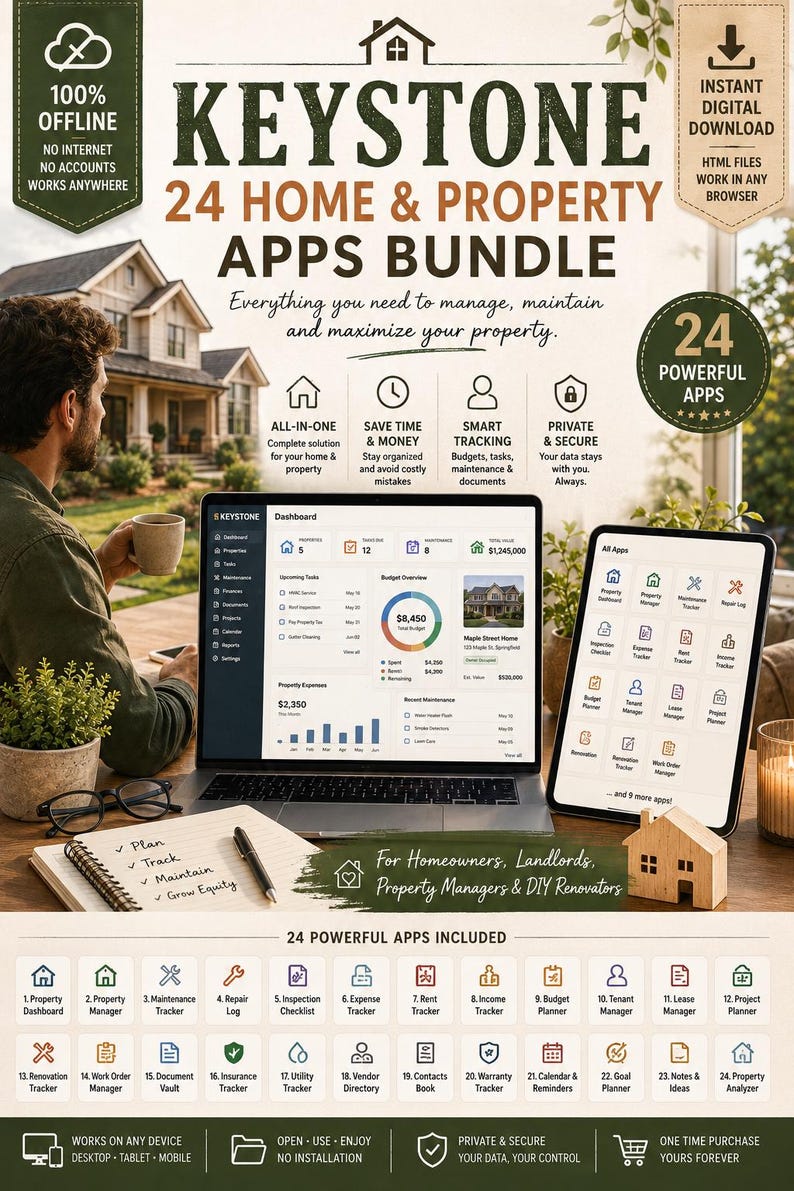 May include: A digital product bundle titled KEYSTONE 24 HOME & PROPERTY APPS BUNDLE, featuring a laptop and tablet displaying property management dashboards, icons for 24 apps, and text detailing features like offline access and instant download.