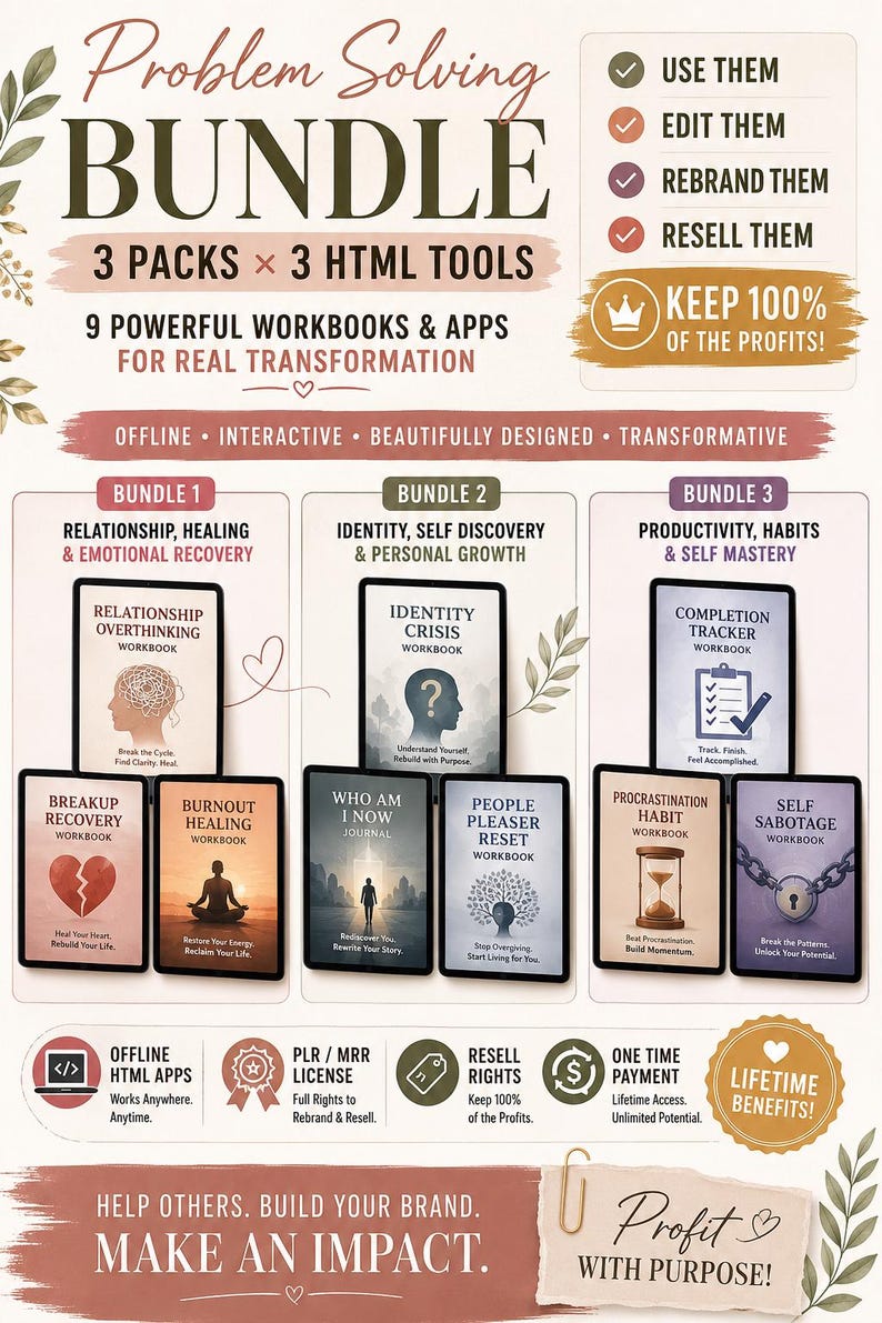 Self-Help PLR Bundle | 9 Interactive HTML Workbooks Apps Burnout Recovery Relationship Healing Productivity & Personal Growth MRR Included image 1
