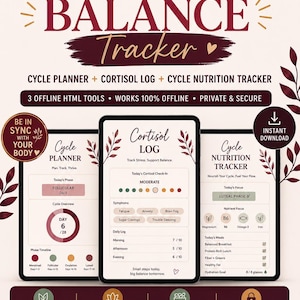 BUNDLE Hormone Balance Tracker | Cycle Planner + Cortisol Log + Cycle Nutrition Tracker | 3 Offline Html Tools with MRR PLR Resell Rights