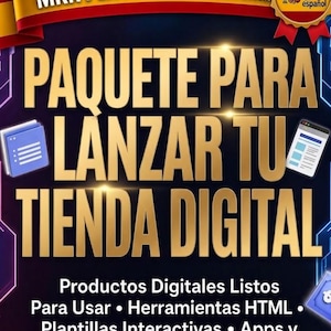 May include: A digital marketing bundle graphic featuring the text PAQUETE PARA LANZAR TU TIENDA DIGITAL, MRR PLR Derechos de Reventa, and 60+ APLICACIONES. The design includes icons of laptops, tablets, and dollar signs on a dark background.