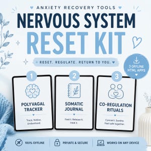 May include: Anxiety Recovery Tools Nervous System Reset Kit featuring three digital components: Polyvagal Tracker, Somatic Journal, and Co-Regulation Rituals. Includes 3 offline HTML apps, 100% offline, private, secure, and works on any device.
