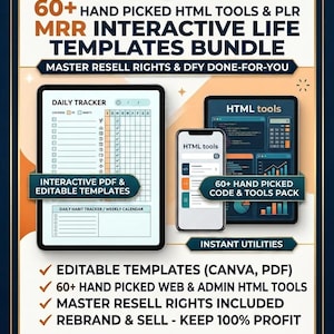 BUNDLE 60+ hand picked Digital Products MRR PLR Resell, Done For You Html Tools Interactive Life Templates Apps & Workbooks, Passive Income