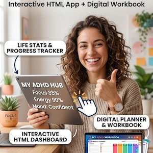 Könnte beinhalten: Etsy-Werbung für einen digitalen Download eines ADHD-Produktivitätshubs. Das Bild zeigt eine Frau, die ein Tablet mit "My ADHD Hub" mit Konzentrations-, Energie- und Stimmungsprozenten hält. Zusätzlicher Text enthält "Interactive HTML App + Digital Workbook" und "Instant Download & Editable".