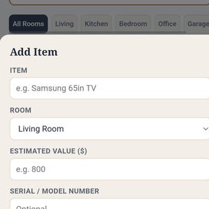 May include: A mobile application interface titled Home Inventory for Insurance by Keystone Maintenance & Renovation. The screen displays an Add Item form with fields for item name, room, estimated value, serial number, photo, and notes, plus a save button.