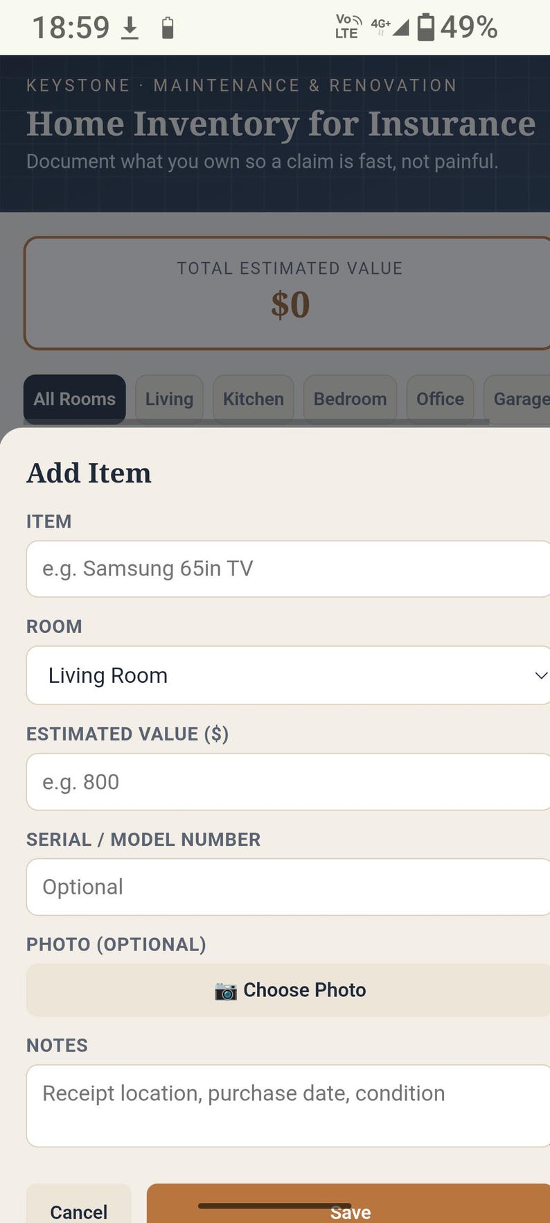May include: A mobile application interface titled Home Inventory for Insurance by Keystone Maintenance & Renovation. The screen displays an Add Item form with fields for item name, room, estimated value, serial number, photo, and notes, plus a save button.