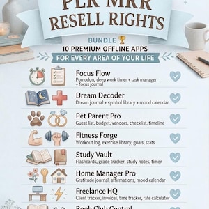 Könnte beinhalten: Ein digitaler Flyer mit dem Titel PLR MRR RESELL RIGHTS BUNDLE, der 10 Premium-Offline-Apps auflistet, darunter Focus Flow, Dream Decoder, Pet Parent Pro, Fitness Forge, Study Vault, Home Manager Pro, Freelance HQ und Book Club Central mit Symbolen.
