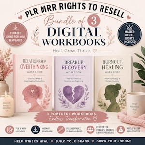 Könnte beinhalten: Ein Bundle aus drei digitalen Arbeitsbüchern mit dem Text "PLR MRR Rights to Resell". Die Arbeitsbücher tragen die Titel "Relationship Overthinking", "Breakup Recovery" und "Burnout Healing". Das Bild enthält eine Kerze, einen Becher und den Text "Heal. Grow. Thrive."