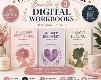 HTML Bundle of 3 Offline Digital Workbooks: Relationship Overthinking, Breakup Recovery, Burnout Healing with PLR MRR Rights To Resell