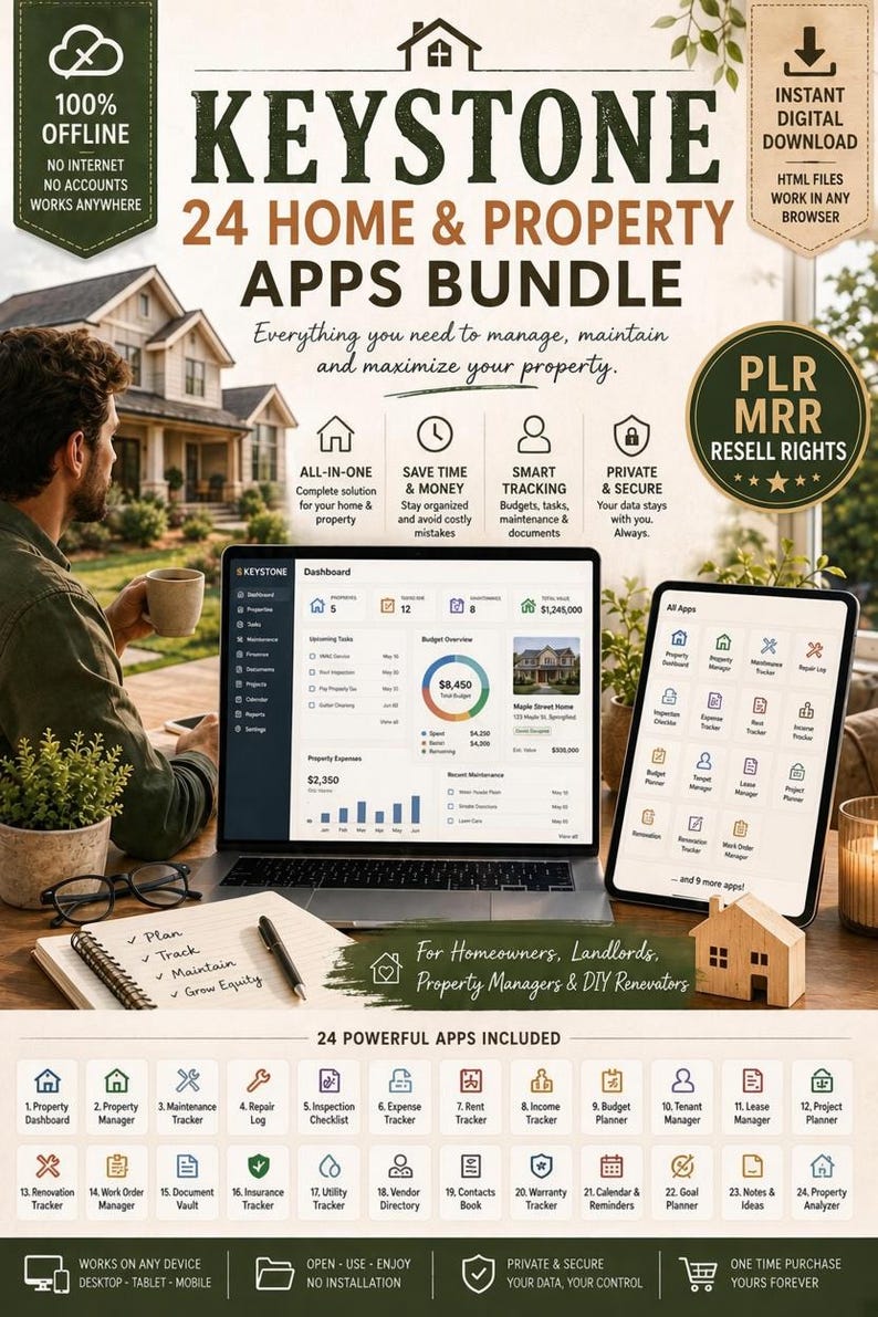 May include: A digital product advertisement for the Keystone 24 Home & Property Apps Bundle, featuring a laptop and tablet displaying dashboard interfaces, surrounded by text detailing features, resale rights, and a list of included applications.