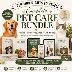 Könnte beinhalten: Ein komplettes Haustierpflege-Bundle mit editierbaren Vorlagen, einschließlich Ratgebern zu Gesundheit, Rohfütterung, Hunde- und Katzentraining sowie Erster Hilfe. Das Bild zeigt einen Golden Retriever, eine Katze, Bücher und digitale Geräte.