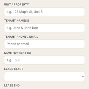 May include: A digital Tenant & Lease Tracker interface featuring fields for Unit Property, Tenant Name, Phone or Email, Monthly Rent, Lease Start, Lease End, and Notes. The form includes a Cancel button and a brown Save button for data entry.