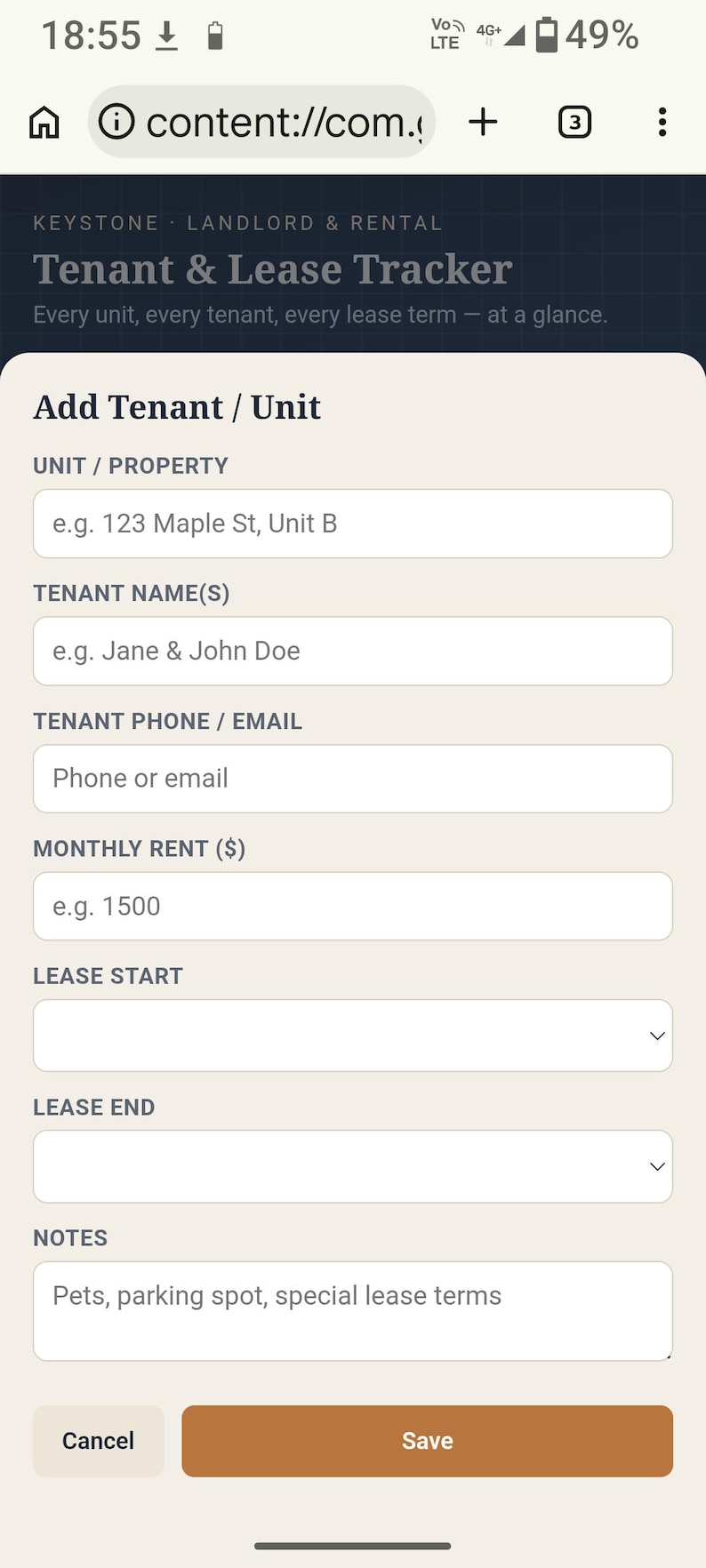 May include: A digital Tenant & Lease Tracker interface featuring fields for Unit Property, Tenant Name, Phone or Email, Monthly Rent, Lease Start, Lease End, and Notes. The form includes a Cancel button and a brown Save button for data entry.