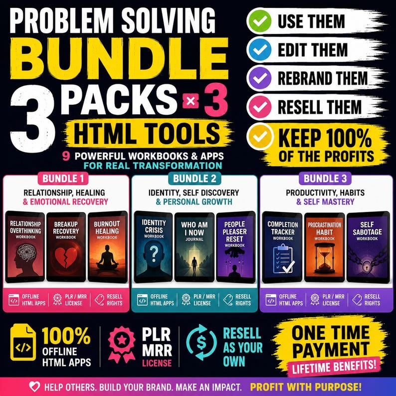 May include: A digital product bundle graphic featuring the text PROBLEM SOLVING BUNDLE 3 PACKS x 3 HTML TOOLS. It displays nine workbook covers categorised into three bundles: Relationship, Identity, and Productivity, with icons for PLR/MRR licences.