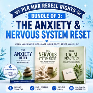 Könnte beinhalten: Ein Bild, das ein Bundle von drei Büchern zum Thema Angst und Nervensystem bewirbt. Die Titel lauten "The Anxiety Reset", "The Nervous System Reset" und "Daily Calm Practices". Das Bild enthält auch den Text "Sofort-Download" und "Fertig für Sie".
