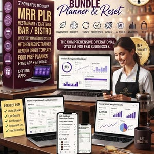 Könnte beinhalten: Ein digitales Produktpaket mit dem Titel 7 Modules Restaurant Success Bundle Planner & Reset, das Bestandsverwaltung, Rezept-Tracker und Betriebssysteme umfasst. Enthält Textüberlagerungen, Symbole und Screenshots von Software-Dashboards auf Laptops und Smartphones.