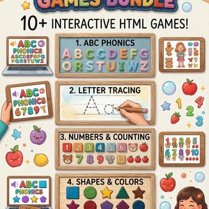 Paquete de 10 juegos HTML para preescolares: fonética ABC, trazado de letras, números (descarga instantánea).