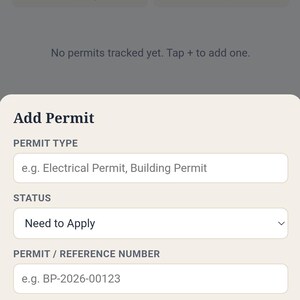 May include: A mobile application interface titled Keystone Maintenance & Renovation Permit Checklist. The screen displays a permit tracking dashboard with status filters and an Add Permit form containing fields for permit type, status, reference number, application date, and notes.
