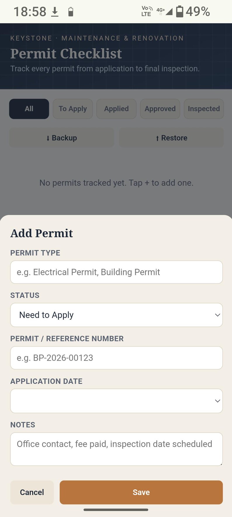 May include: A mobile application interface titled Keystone Maintenance & Renovation Permit Checklist. The screen displays a permit tracking dashboard with status filters and an Add Permit form containing fields for permit type, status, reference number, application date, and notes.