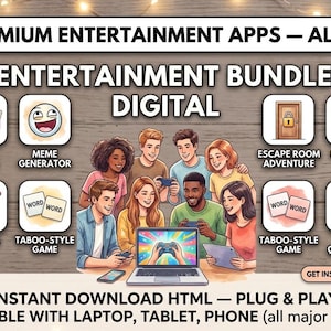 Könnte beinhalten: Digitales Entertainment-Bundle mit 10 Offline-Apps. Enthält Quiz, Tarot, Meme-Generator, Escape Room, Karaoke, Persönlichkeitstest, Draw & Guess, Tabu-Spiel, 20 Fragen und Never Have I Ever.