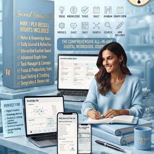 May include: A digital Second Brain OS product display featuring a box, laptop, and smartphone screens showing a knowledge hub, daily journal, and kanban board. Text includes "Organize Your Life," "MRR/PLR Resell Rights Included," and "9 Modules."