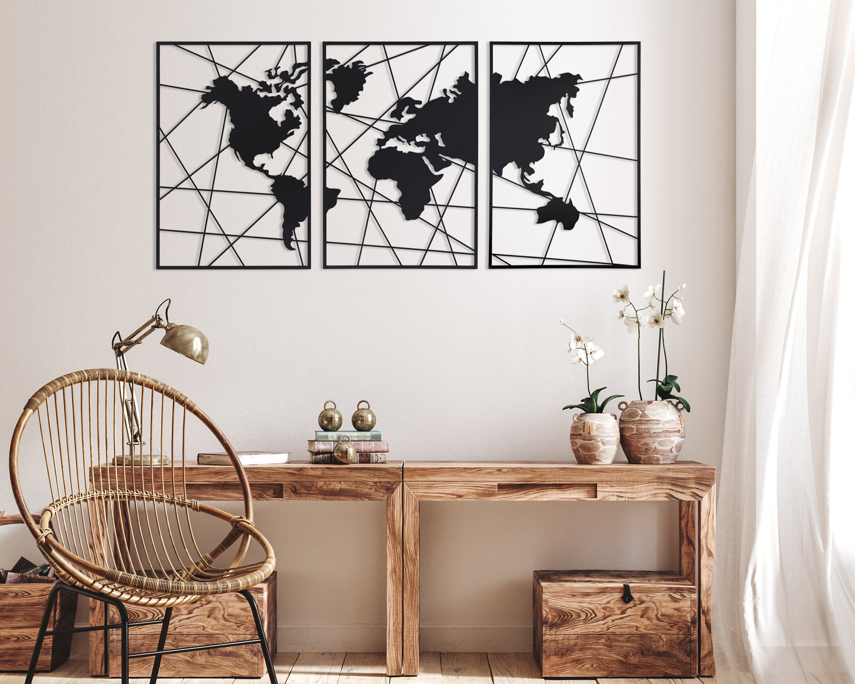 Metal World Map Wall Art, Metal Wall Decor, World Map Wall Art, 3 Piece