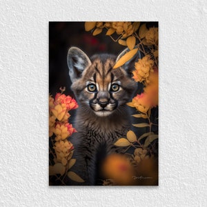 Puma Cub en la foto de retrato de bosque, impresión de arte de pared, cartel de naturaleza, fotografía de vida silvestre