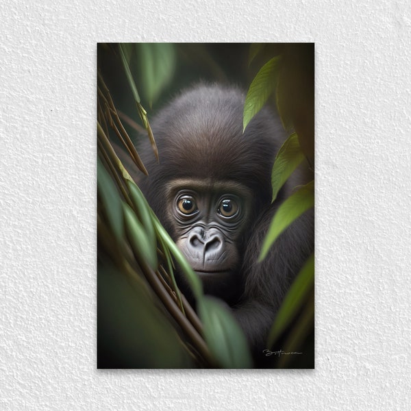 Baby Gorilla in the Jungle Portrait Photo, Wall Art Print, Nature Poster, Wildlife Photography