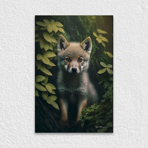 Cachorro de lobo en el bosque Foto de retrato, Impresión de arte de pared, Cartel de naturaleza, Fotografía de vida silvestre