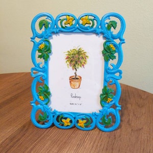 Bright Blue Upcycled Metal 3.5x5 Floral Picture Frame Hand Painted with Matte Finish