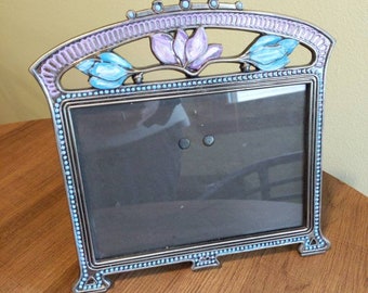 Upcycled Metal 5x7 Photo Frame for Horizontal Picture, Unique Floral Frame Upcycled with Hand Painting, Purple and Blue Eclectic Frame