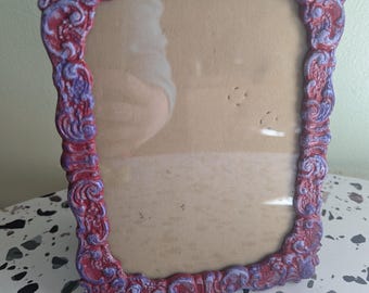 Vintage Metal Tabletop Picture Frame for 5x7 Photo, Upcycled with Hand Painting in Dark Red and Purple, Tabletop Display