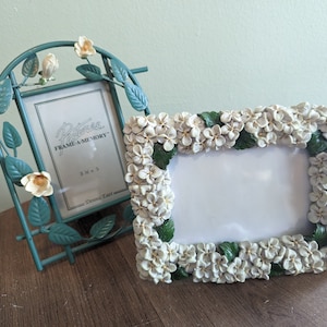 Pair of Vintage, Intricate, Ceramic and Metal Picture Frames, White Floral Frames, Tabletop Photo Frames for 3.5x5 Images