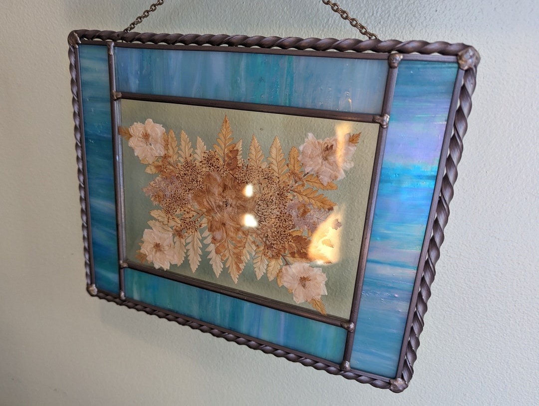 Vintage Stained Glass Wall Hanging Iridescent Blue With Etsy