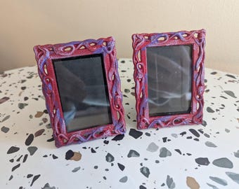 Pair of Small Vintage 1990's Metal Picture Frames Upcycled with Hand Painting in Red and Purple for Two 2x3 photos.