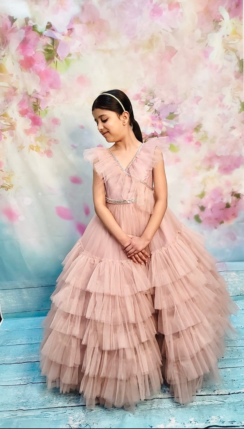 Mehar Peach Layered Tulle Party Dress for Girls