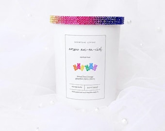 Regenbogen Teddybären Luxus Soja Wachs schmilzt, Weiß Matt Glas, fruchtig Getreide duftend, Strass Regenbogen Deckel, Raumduft, Regenbogen Liebe