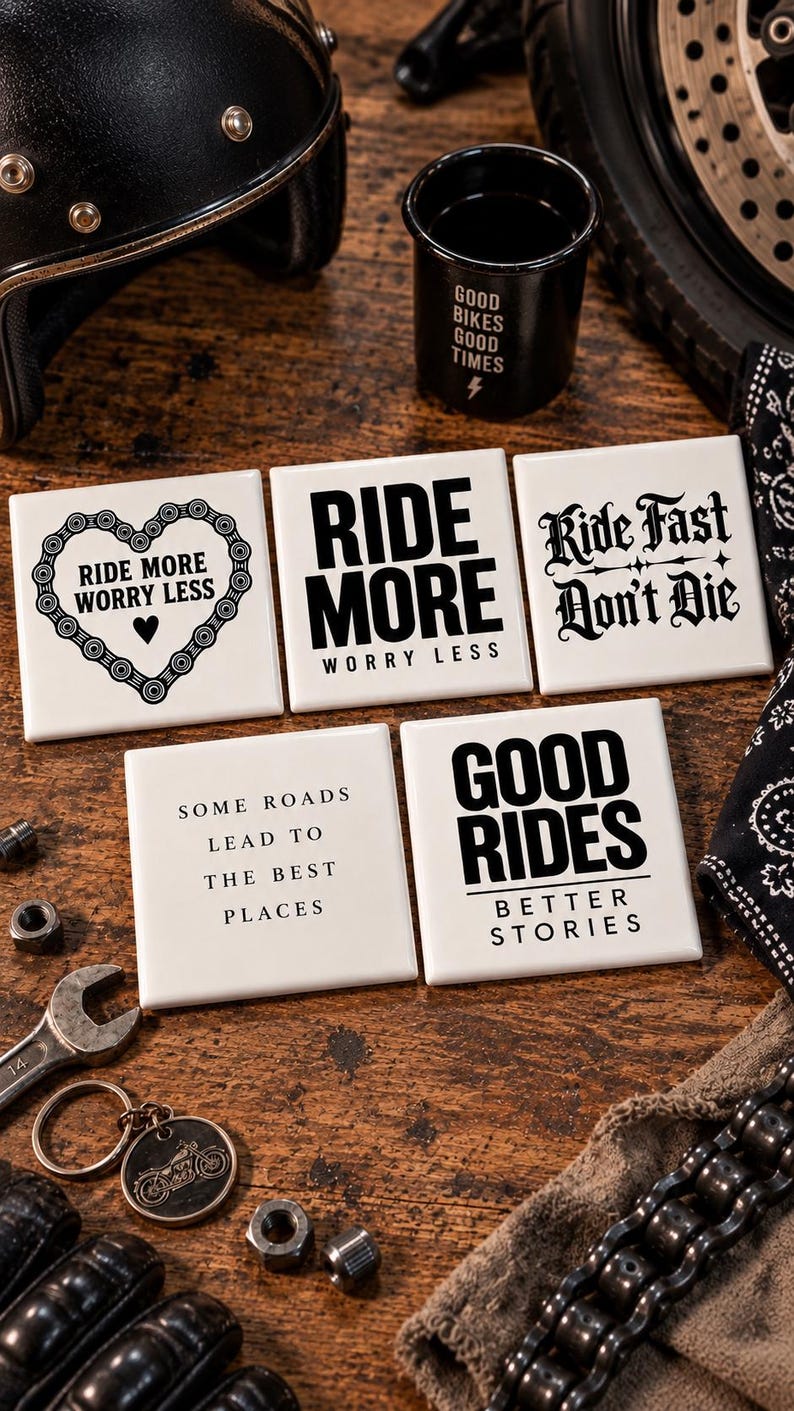 May include: Five square white ceramic coasters featuring black text and graphics. Designs include a motorcycle chain heart with "RIDE MORE WORRY LESS," "RIDE MORE WORRY LESS," "Ride Fast Don't Die," "SOME ROADS LEAD TO THE BEST PLACES," and "GOOD RIDES BETTER STORIES."