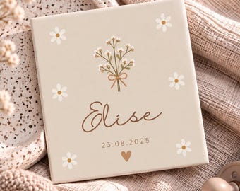 Gepersonaliseerd Geboortetegeltje met Bloemenboeketje | Geboortecadeau | Kraamcadeau | Décoration de chambre bébé | Bébé Naam Tegeltje