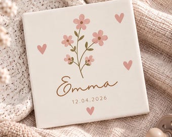 Geboortetegeltje personnalisé avec fleurs | Geboortecadeau | Kraamcadeau | Décoration de chambre bébé | Bébé Naam Tegeltje