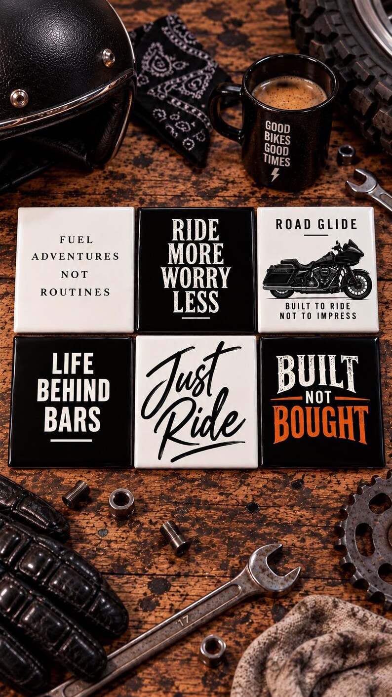 May include: A set of six square ceramic coasters featuring motorcycle-themed graphics and text including Fuel Adventures Not Routines, Ride More Worry Less, Road Glide Built To Ride Not To Impress, Life Behind Bars, Just Ride, and Built Not Bought.