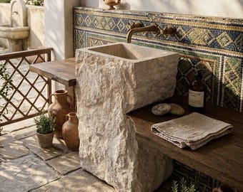 Rough Chiseled Travertine Pedestal Sink, Hand Carved Natural Stone Bathroom Sink