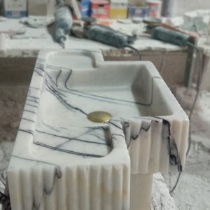 Hand Carved Lilac Marble Sink: Fluted Apron, Custom Order
