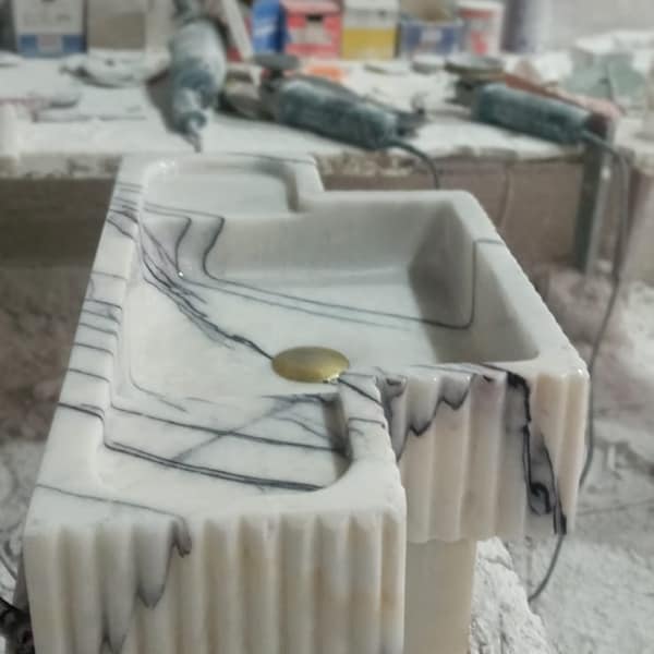 Hand Carved Lilac Marble Sink: Fluted Apron, Custom Order