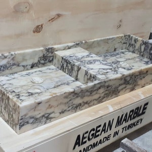 Ready to Ship Calacatta Viola Marble Double Integrated Sink, Wall Mount Marble Sink, Custom Order Sink, Powder Room Sink