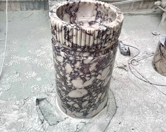 Hand Carved Calacatta Viola Marble Pedestal Sink: Fluted Natural Stone
