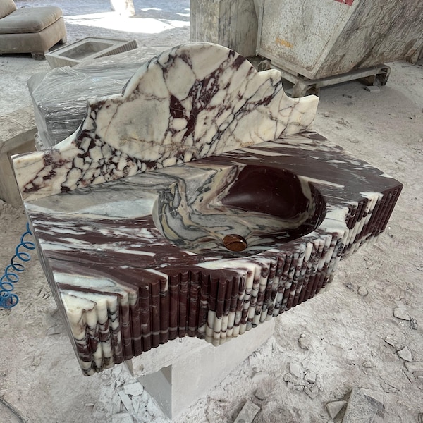 Calacatta Viola Marble Sink: Ribbed, Hand Carved, Wall Mount