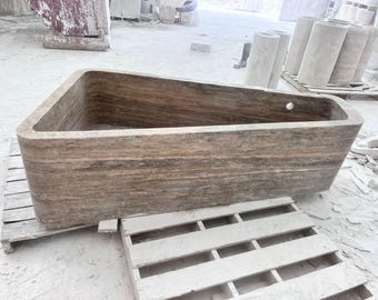 Silver Travertine Bathtub – 70”L x 37”W x 20”H – Handmade Rectangular Freestanding Stone Tub – Modern Soaking Bath – Ready to Ship