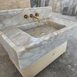 Hand Carved Calacatta Gold Marble Sink: Wall Mount Vanity Top